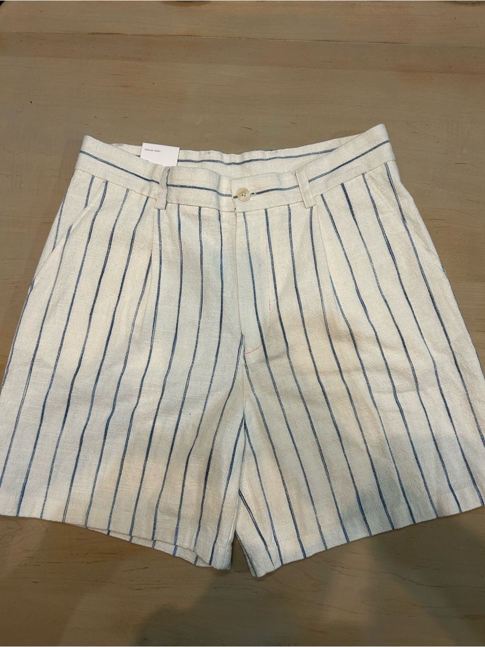 Zara Cream Shorts with Navy Pinstripes